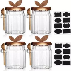 뚜껑과 숟가락이 있는 페로셰프 설탕 그릇 4개 커피 바용 용기 17온스 유리 통 밀폐 식품 보관 병 시리얼