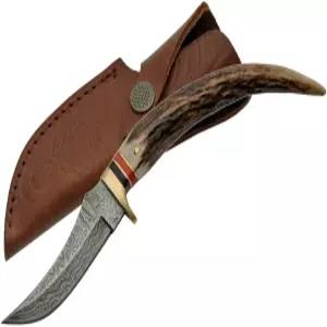 CO 스태그 팁 슬림 사냥용 나이프 8인치 - 핸들이 있는 캠핑용 다마스쿠스 스틸 블레이드 및 칼집 사냥