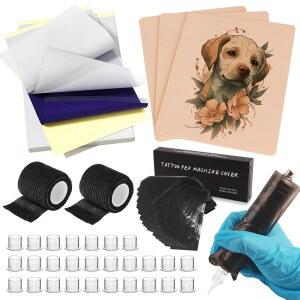 초보자를 위한 Autdor 228Pcs 가짜 피부 타투 연습 키트 - 타투 스킨 3개 포함 3개 전사지 2개 타투 커버 테이프 200개 타투 스타터 키트 타투 용품용 잉크 캡 20개 포함
