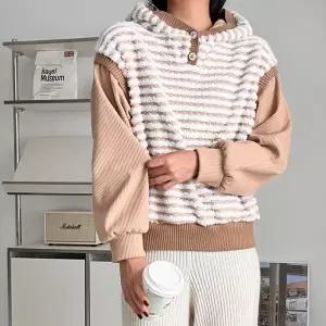 [옷자락]여자 후리스 단가라 레이어드 코듀로이 후드 티셔츠