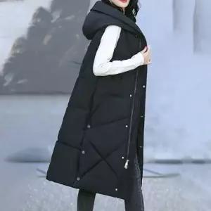 여성 2컬러 겨울 세련된 격자패턴 후드 롱패딩조끼 (WFKBXSV)