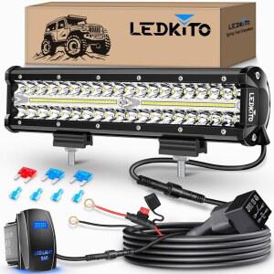 LEDKITO 30.5cm(12인치) LED 조명 바 키트, 5핀 로커 스위치 배선 하네스 트리플 로우 플러드 스팟 콤보 오프로드 운전 안개등 작업 트럭 UTV ATV 트랙터 골프 카트 보트용
