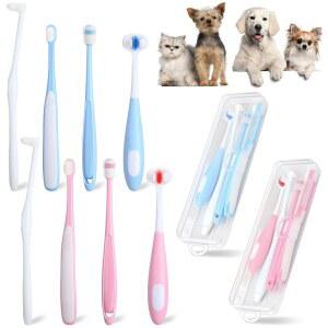 세나 8개 작은 개와 고양이 칫솔, 보관 투명 상자 2개 포함 360도 부드러운 실리콘 딥 펫 치아 청소 키트 고양이와 개를 위한 4가지 모양