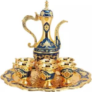 작은 빈티지 터키 커피포트 세트 모델 8.46x5.11인치 티 플라스크 중간 티포트 트레이와 6컵 공예 장식