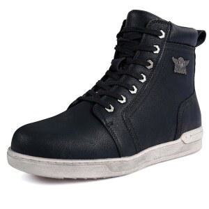 남성용 오토바이 라이딩 슈즈 스트리트 통기성 바이커 부츠 스니커즈 파워스포츠 신발, 발목 지지대가 있는 블랙 인조 가죽 레이스업 부츠, 미끄럼 방지 밑창, 사이드 지퍼