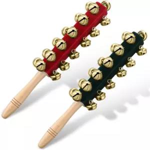 크리스마스 연휴 결혼식 생일 파티를 위한 Cindeer 2개 핸드 썰매 벨 나무 손잡이 징글벨 악기 쉐이커 래틀