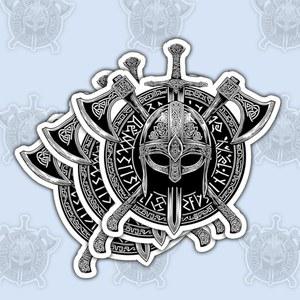 3Pcs 바이킹 헬멧 스티커 u2013 칼과 도끼가 있는 북유럽 전사 디자인 노트북, 자동차, 헬멧, 물병 3인치 비닐 데칼 방수 기능