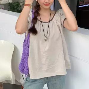 [하프클럽/] 블라우스 퍼프소매 라운드넥 셔링 넥 소매 배색