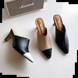 여성뮬힐 국내제작 소가죽 앞코 배색 투톤 뾰족코 뮬 슬리퍼힐