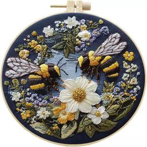 초보자를 위한 화칸 자수 키트에는 스탬프 꿀벌 패턴 후프 컬러 실 도구 따라하기 쉬운 설명서가 포함되어