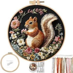 포누이 재미있는 다람쥐 꽃 자수 키트 초보자를 위한 크로스 스티치 프린트 패턴이 있는 수제 공예품 쉽게