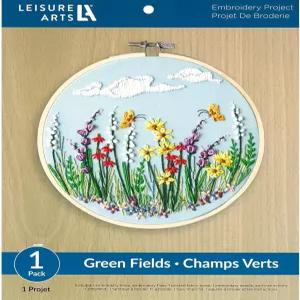 초보자를 위한 레저 아트 자수 키트 - 그린 필드 크로스 스티치 8인치 후프 및 패턴 포함