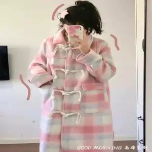 블랙팬서 여성 핑크 체크 코트 빈티지 하프 가을 겨울 OPH4