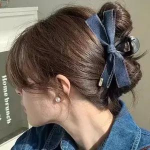 [골드스마일]여성 골드 라벨 청 데님 헤어 액세서리 데일리 리본 집게핀