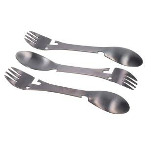 5 in 1 캠핑 도구, 전술적 스팍 휴대용 플랫웨어 스테인리스 스틸 실버웨어 포크 스푼 병따개 나이프 캔따개 콤보 야외 피크닉 하이킹 낚시 배낭 여행용