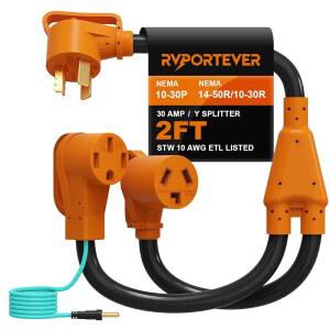 RVPORTEVER 30암페어 건조기에서 EV /RV 스플리터 어댑터, NEMA 10-30P에서 14-50R /10-30R, 충전을 위한 3프롱 30A에서 4프롱 50A 연장 코드, 10AWG, ETL 인증, 2피트(안전 접지선 포함)