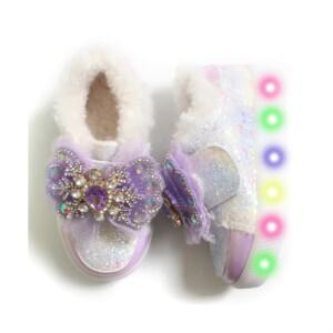 프롬베베 여아용 로엘 글리터 리본 털 LED 겨울 운동화