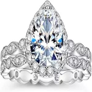 WES 2ct 배 모이사나이트 신부 반지 세트 - 925 스털링 실버 저자극성 D 컬러 VVS1 스태커블 약혼 여성용