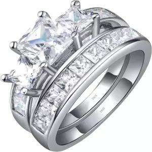 여성용 마벨라 스털링 실버 반지 - 3 스톤 CZ 프린세스 컷 약혼 귀여운 웨딩 신부 여성 세트 그녀를 위한