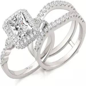 뉴스쉐 주얼리 모이사나이트 여성용 925 스털링 실버 약혼 반지 세트 래디언트 브라이덜 밴드 인핸서