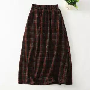 블랙팬서 여성 빈티지 레드 체크 스커트 가을 겨울 모직 버건디 A라인 우산 롱 OPH4