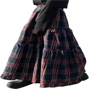 솔리 헉스 여성용 격자무늬 맥시 스커트 엘라스틱 하이 와이트 티어드 러플 A 라인 플로우리 롱