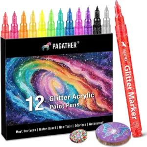 12가지 색상 글리터 마커 0.7mm 초미세 팁 스파클링 아크릴 페인트 펜으로 공예 색칠 종이 바위 나무 유리