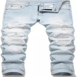 OIIIO 남성용 찢어진 슬림 핏 스트레이트 레그 진 데님 팬츠