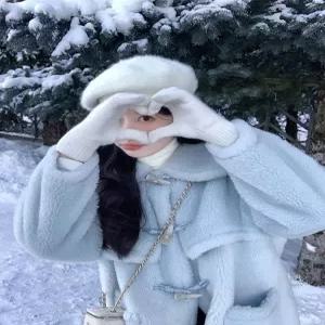 하늘색코트 테디 양털 삿포로 블루 떡볶이 단추 퍼코트 코트 S