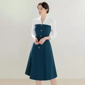 [시크라인] 아수 브이넥 배색 레이어드 플레어 원피스