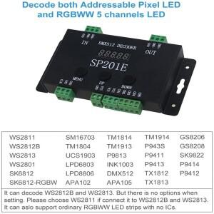 WS2812B DMX SPI 컨트롤러 디코더, W/ 99 컬러 모드, SP201E 5 채널 512 RGB WW 용