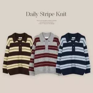 핫핑 [배색포인트/헤어리] 애리트 루즈핏 스트라이프 두줄카라 긴팔니트티