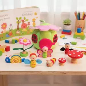 플라워 하우스 곤충 친구들 인형의집 역할놀이 원목 인형 미니어처 장식용 우드 피규어