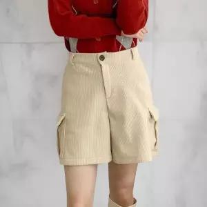 [옷자락]여성 카고 골덴 반바지 빅사이즈 와이드 기모 숏팬츠_P415140002