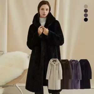 [엘루아] VEGAN FAUX 밍크 후드 롱 코트 4종택1