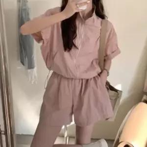 여성 통기성 폴리 루즈핏 반팔 아노락 집업 반바지 세트