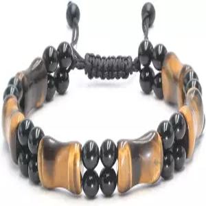 남성 제나스토 내추럴 타이거 스톤 비즈 팔찌 - 크리스탈 팔찌와 블랙 옵시디언 구슬 힐링 에너지 보호