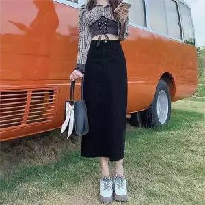 [오노마] ONM 블랙 데님 다리길어보이는 여자 롱치마 데일리 코디 (S9997285)