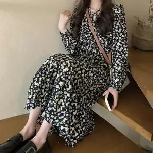 [오노마] ONM 꽃무늬 스트링 브이넥 랩 롱원피스 A라인 밑단 프릴 (S11104369)