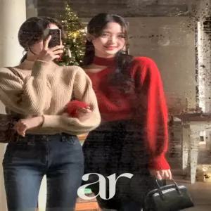 초커 디자인의 사이드 트임 세미크롭 벌룬 니트 nt3244