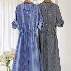 여자 스트라이프 더블포켓 셔츠 롤업 롱 원피스