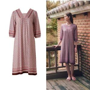 핑크 컬러 가볍고 구김없는 폴리스판 에스닉 나염 여성 원피스잠옷 VEV3980LPK