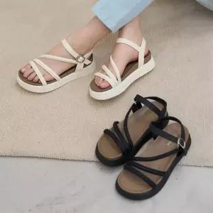 여자 심플 크로스 스트랩 미니버클 키높이 샌들