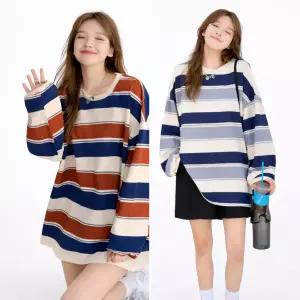 여성 오버핏 긴팔 티셔츠 스트라이프 맨투맨 스타일 라운드넥 사계절 꾸안꾸 데일리 아우터 이너룩