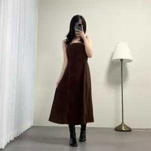 여자 스웨이드 스티치 A라인 가을하객룩 끈 롱원피스