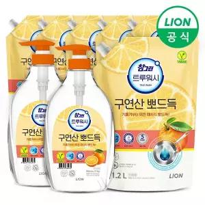 [라이온코리아]참그린 구연산 물때 제거 트루워시 주방세제 1kg 용기 2개+1.2L 리필 6개 오렌지향/레몬향