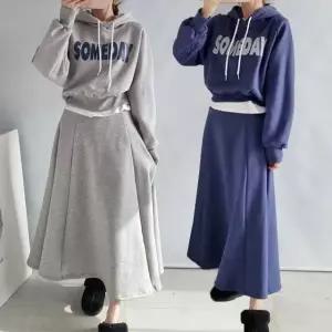 여성 겨울 기모 나염 면 후드티 플레어 롱스커트 트레이닝 세트 SST0088S 빅사이즈 루즈핏