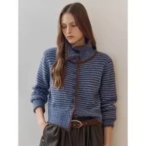 [하프클럽/]하이넥 카라 스트라이프 니트 가디건