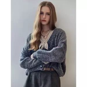 [하프클럽/]팝컬러 진주 스팽글 헤어리 브이넥 가디건