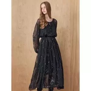 [하프클럽/]오팔 스팽글 플라워 자수 쉬폰 롱 원피스